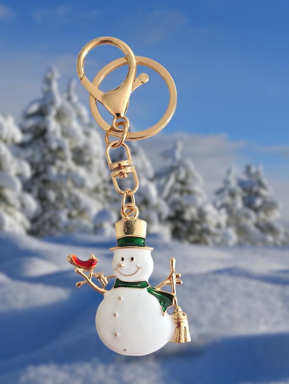 Holiday Snowman Bag Charm / Keychain - Gold & Green
